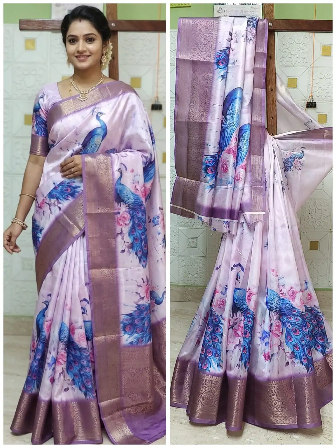 Light Purple Digital Dola Peacock Print Border Work Saree